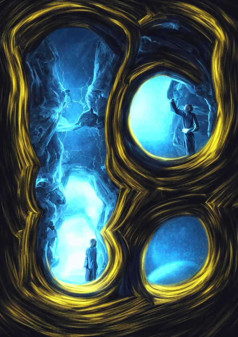 Image similar to The portal into his imagination. High concept art. Introspective. Blue black gold themed.