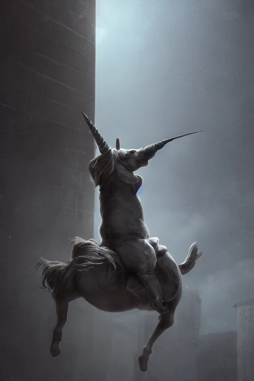 Image similar to sad Suicidal depressed unicorn man hangs himself from the moon, dramatic lighting, cinematic, establishing shot, extremely high detail, foto realistic, cinematic lighting, post processed, concept art, high details, cinematic, 8k resolution, beautiful detailed, photorealistic, digital painting, artstation, concept art, smooth, sharp focus, artstation trending, octane render, unreal engine