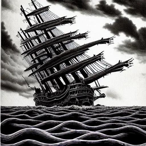 Image similar to a highly detailed hyperrealistic scene of a ship being attacked by giant squid tentacles, jellyfish, squid attack, dark, voluminous clouds, thunder, stormy seas, pirate ship, dark, high contrast, yoji shinkawa, scary, m.c. Escher, highly detailed, brutal, beautiful, octopus arms attacking the ship from the storm, illusion, artgerm