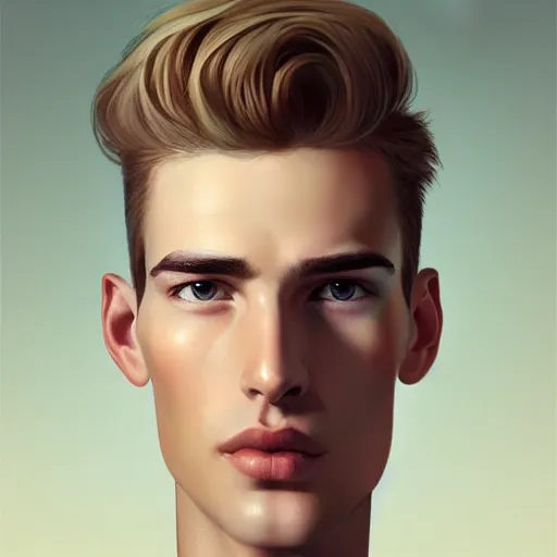 Image similar to tall man in his twenties with brown blond short quiff hair and thin round facial structure with cleft chin, straight eyebrows and prominent nose, good definition of cheekbones, big hazel nut brown eyes, narrow face, atmospheric lighting, painted, intricate, 4 k, highly detailed by charlie bowater