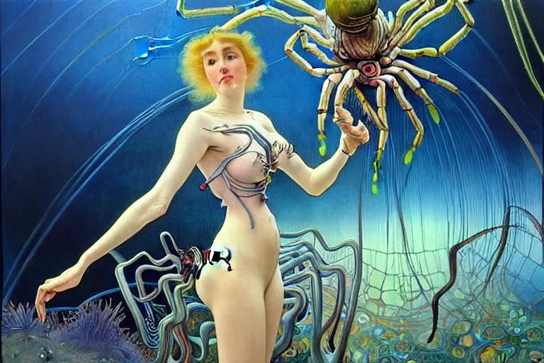 Prompt: realistic extremely detailed portrait painting of a fully dressed woman with a giant spider, futuristic sci-fi landscape on background by Amano, Yves Tanguy, Alphonse Mucha, Ernst Haeckel, Edward Robert Hughes, Roger Dean, rich moody colours, blue eyes