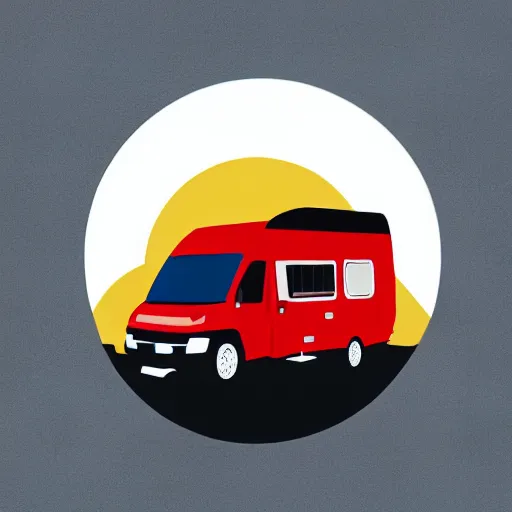 Image similar to very very very stylized minimal vector graphic of a thor chateau motorhome, hills and sunset, white background, all enclosed in a circle, professional minimal graphic design cartoon