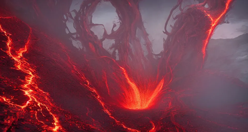 Image similar to a volcano made of ivory vines and crimson rocks enters in eruption, it spits a smoke in the shape of demonic eye, by filip hodas