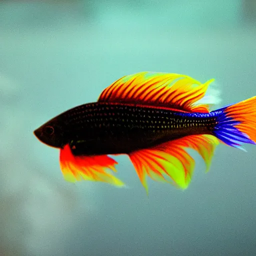 Prompt: a beautiful richly colored beta fish on a black background surrounded by black water