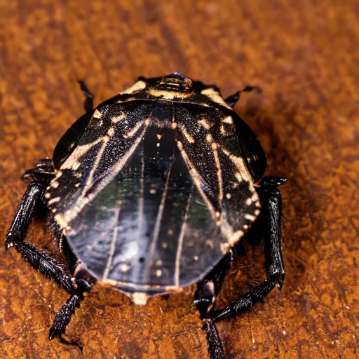 Prompt: a giant brown marmorated stink bug on a bed in a hotel room, bug, beetle, hotel, bed, pentatomidae, halyomorpha halys, canon eos r 3, f / 1. 4, iso 2 0 0, 1 / 1 6 0 s, 8 k, raw, unedited, symmetrical balance, wide angle