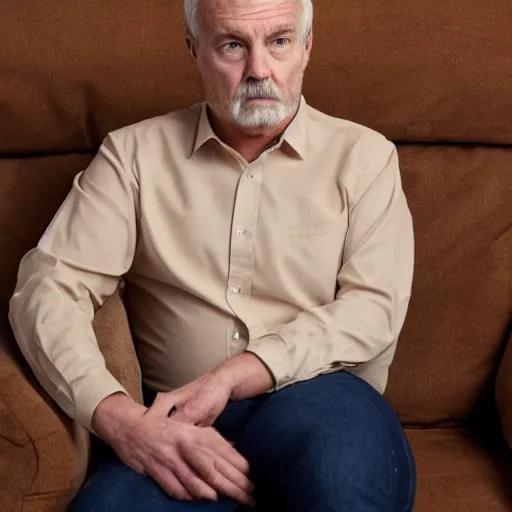 Image similar to full body photo of steve, mature male, mysterious face. he is sitting gracefully on a sofa, elegant slim beige shirt, tight shirt, big belly