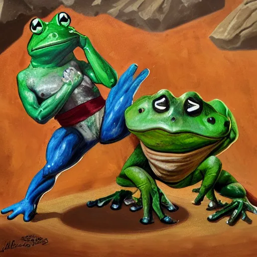 Prompt: a muscular anthro frog character suplexing an anthro toad character in a makeshift wrestling ring, dynamic, oil painting, cartoon, very detailed
