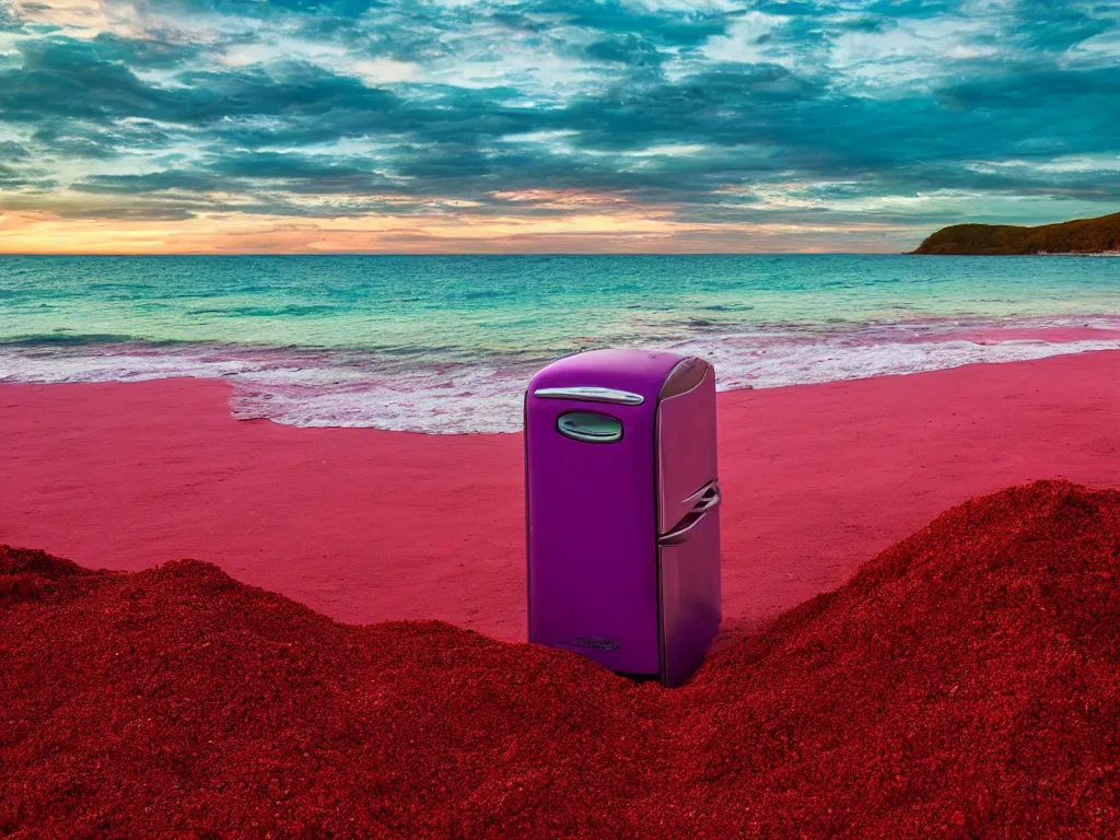 Image similar to purple refrigerator, red sand beach, green ocean, nebula sunset