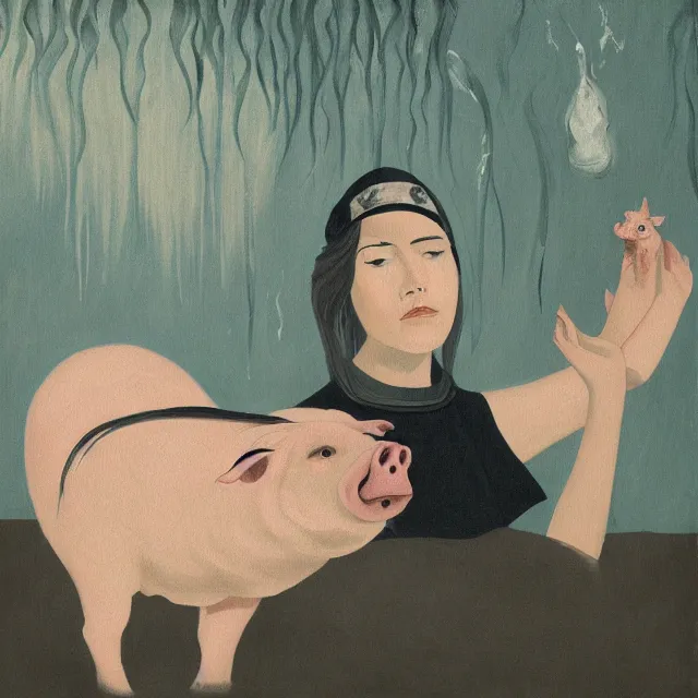 Image similar to tall female emo artist holding a pig in her flooded bathroom, water gushing from ceiling, painting of flood waters inside an artist's bathroom, a river flooding indoors, pomegranates, pigs, ikebana, zen, water, octopus, river, rapids, waterfall, black swans, canoe, berries, acrylic on canvas, surrealist, by magritte and monet