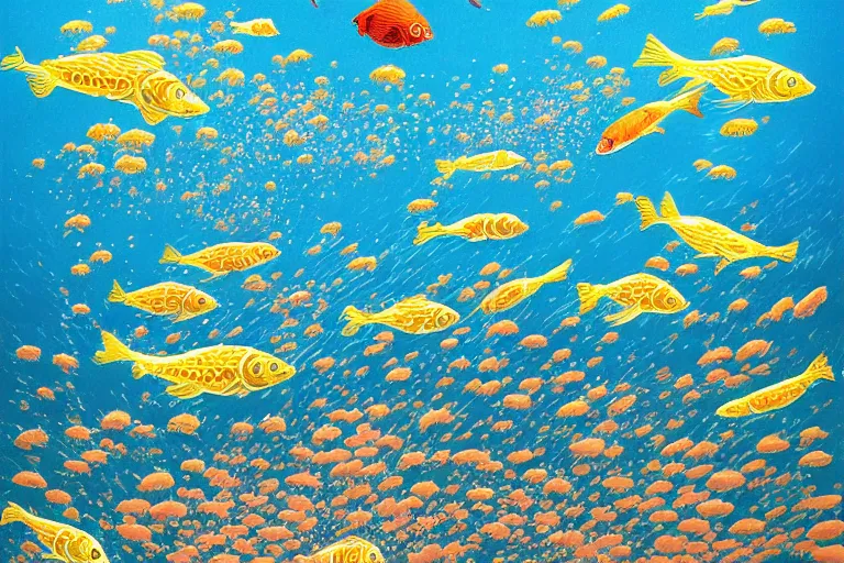 Image similar to portrait of goldfishes swarming the ocean. shadow and light. rays of light. energetic, dynamic, lively, detailed, intricate, complex. fine art by hayao miyazaki, akira toriyama, makoto shinkai, and ohara koson.