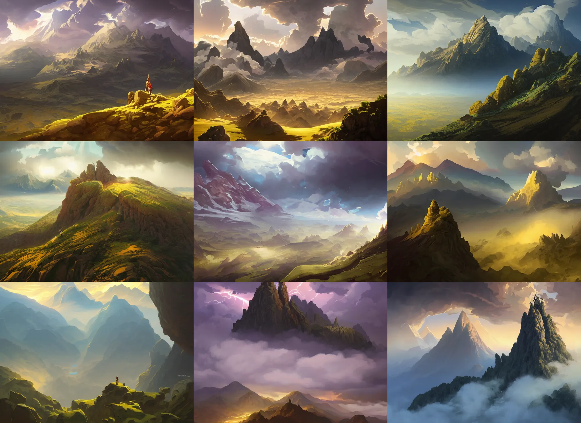 Prompt: mountain landscape without people, extreme view angle, above low layered clouds, thunder sky, deep focus, fantasy, intricate, elegant, highly detailed, digital painting, artstation, concept art, matte, sharp focus, illustration, hearthstone, art by rhads and artgerm and greg rutkowski and alphonse mucha.