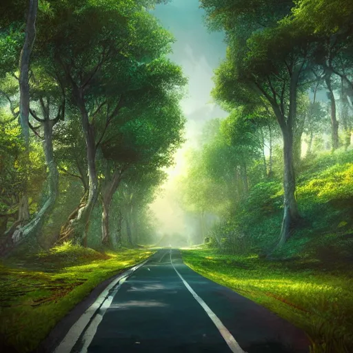 Prompt: roads leading into distance, lush fantasy landscape, artstation, photorealistic