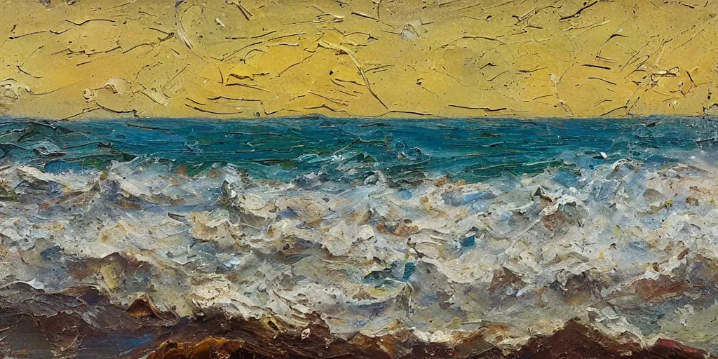 Image similar to oil paint impasto relief, beautiful italian beach scene, rough sea, multi layered thick brush marks, some splattered paint, in the style of ivan shishkin and frank auerbach and van gogh