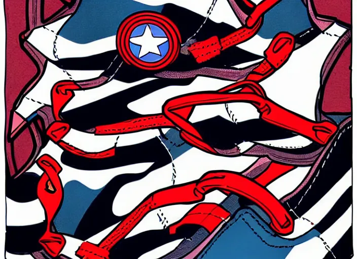 Image similar to sneakers of captain america by tim burton, view from the side, comics book cover style