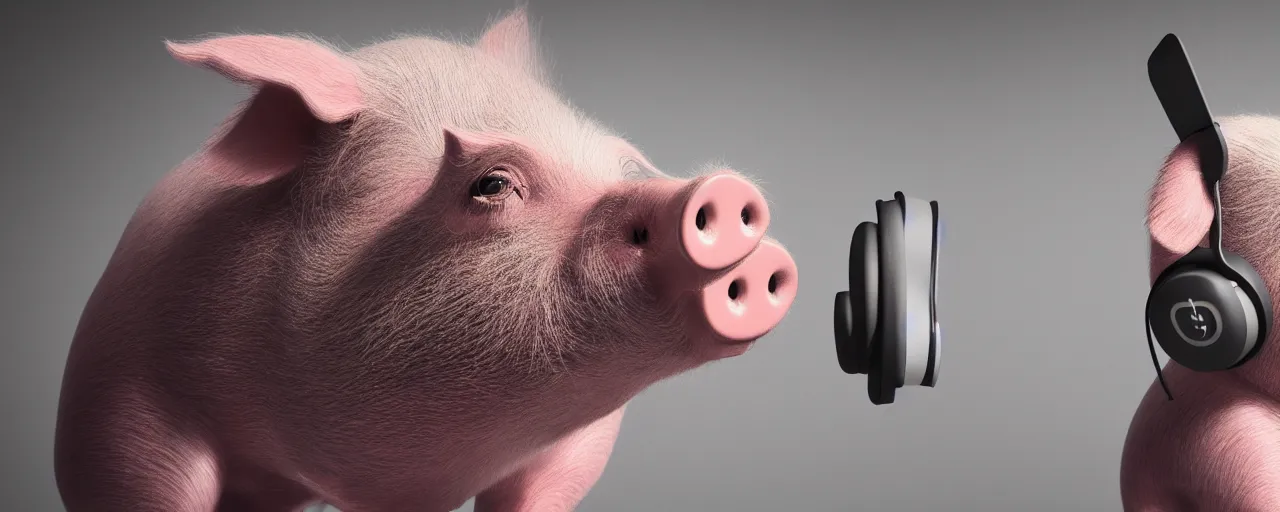 Image similar to pig with headphones. Wallpaper. Ultra HD, V-ray, Octane Render, 8k, Sharp, Detailed, Maximalism. Stunning