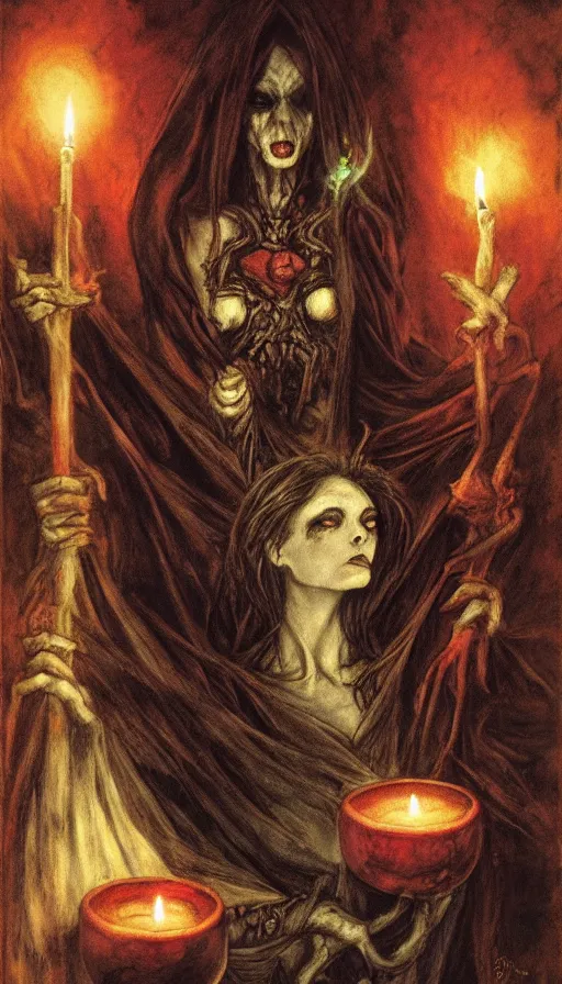 Image similar to carmilla vampire, gothic horror, by brian froud, candlelit catacombs