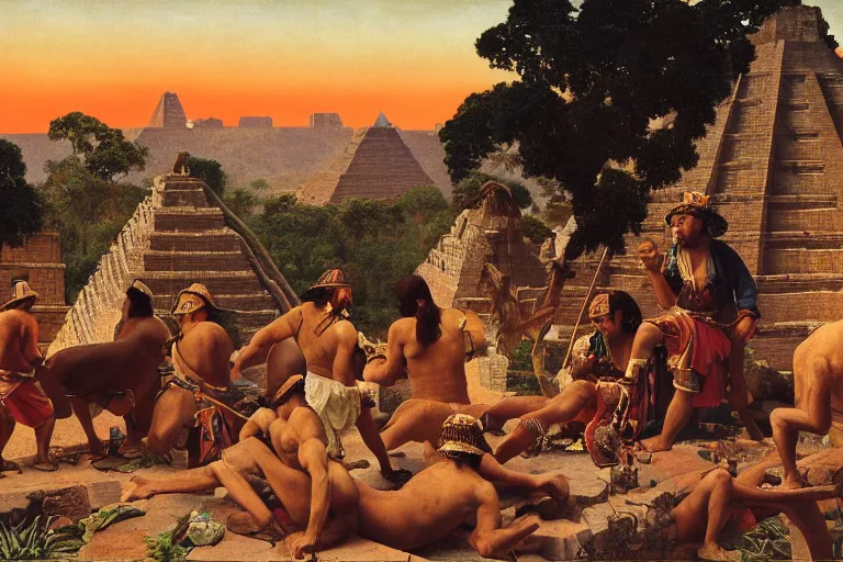 Prompt: painting of a spanish conquistadors at the aztec pyramids, jungle, sunset, chill, romantic, by ludwig deutsch and maxfield parrish, patterned tilework, extremely detailed, cinematic lighting, smooth sharp focus