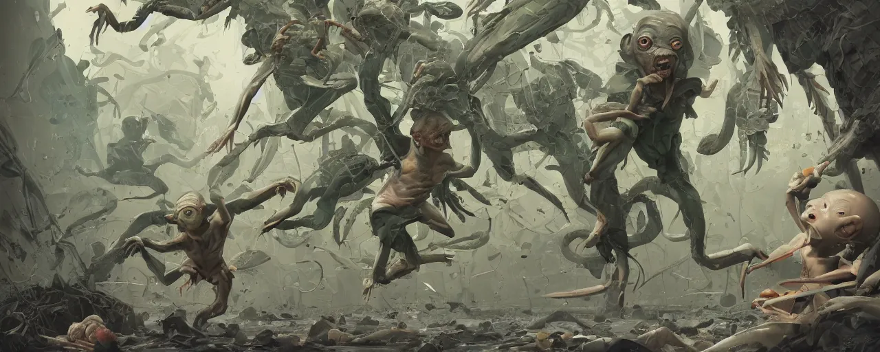 Prompt: duotone olive green grey illustration 3 / 4 portrait of gollum kun fu fighting with giant crustaceans dynamic chaotic composition accidental renaissance golden ratio. by sachin teng and sergey kolesov and ruan jia and heng z. graffiti art, scifi, fantasy, hyper detailed. octane render. concept art. trending on artstation