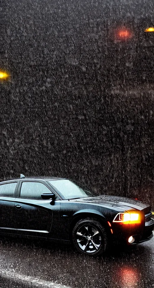 Prompt: photograph of a 2 0 1 1 dodge charger driving down a highway in the rain, dark, gothic, lovecraftian, hyperrealistic, 4 k, highly detailed,