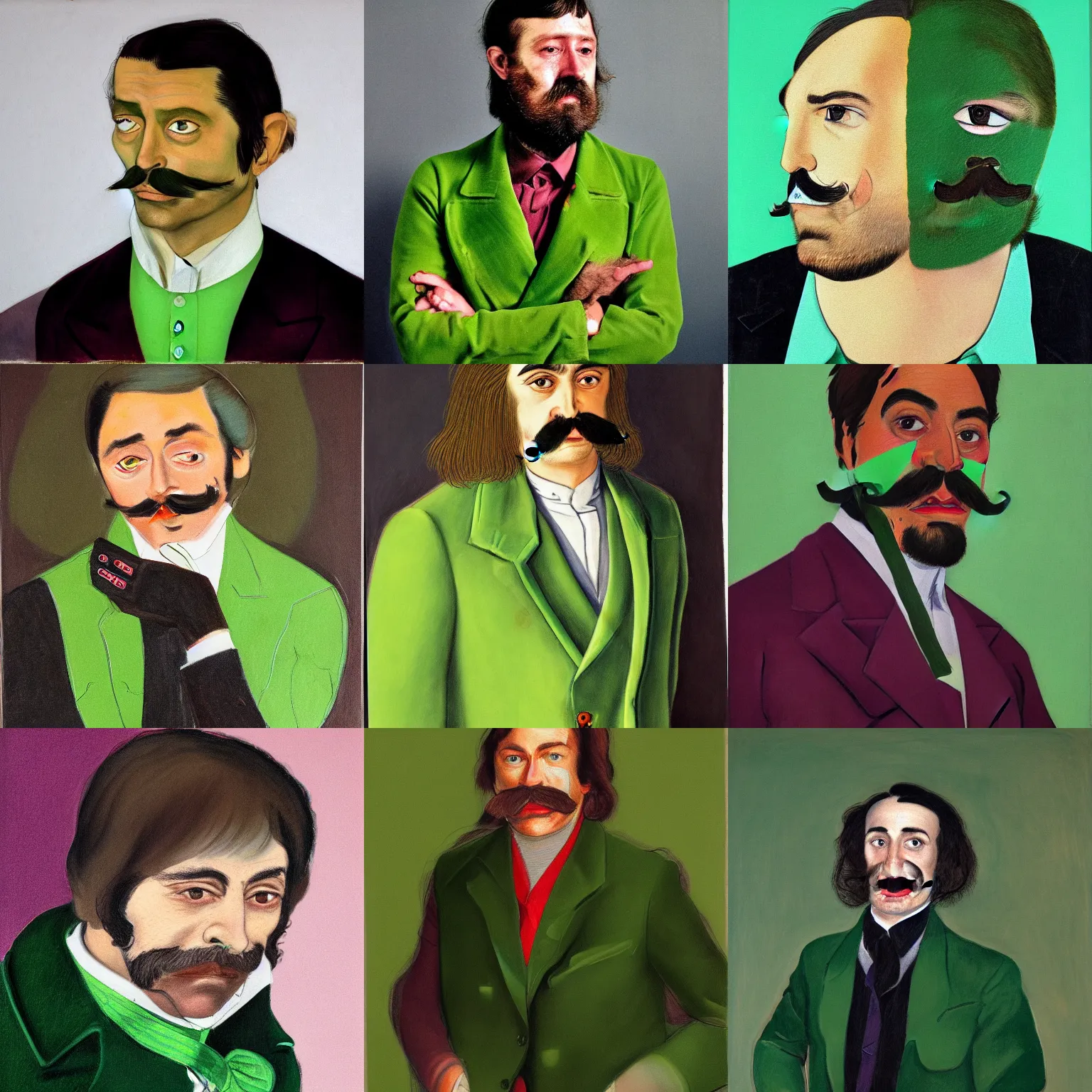 Prompt: portrait of a melancholy detective with 70s mutton chops and moustache, wearing a 1970s green blazer with a tapered collar, looking soulfully out and grinning with bloodshot eyes, 44 years old mature caucasian male in the style of Jenny Saville, Alex Kanevsky, Wassily Kandinsky, expressive, atmospheric, textured brush strokes, impressionism