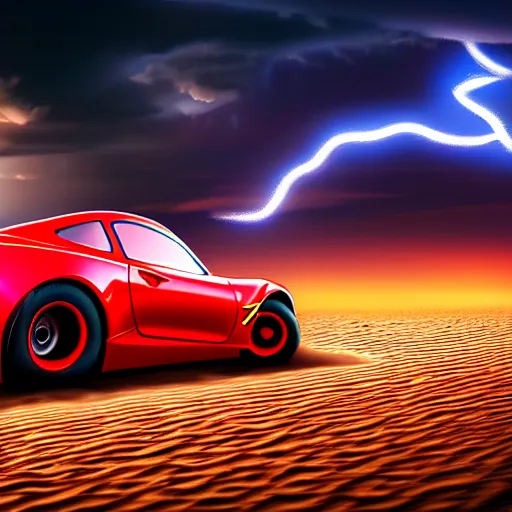 Prompt: lightning mcqueen car driving on wet sand on beach, evening, cyberpunk city in the background, photo, 4 k, highly detailed