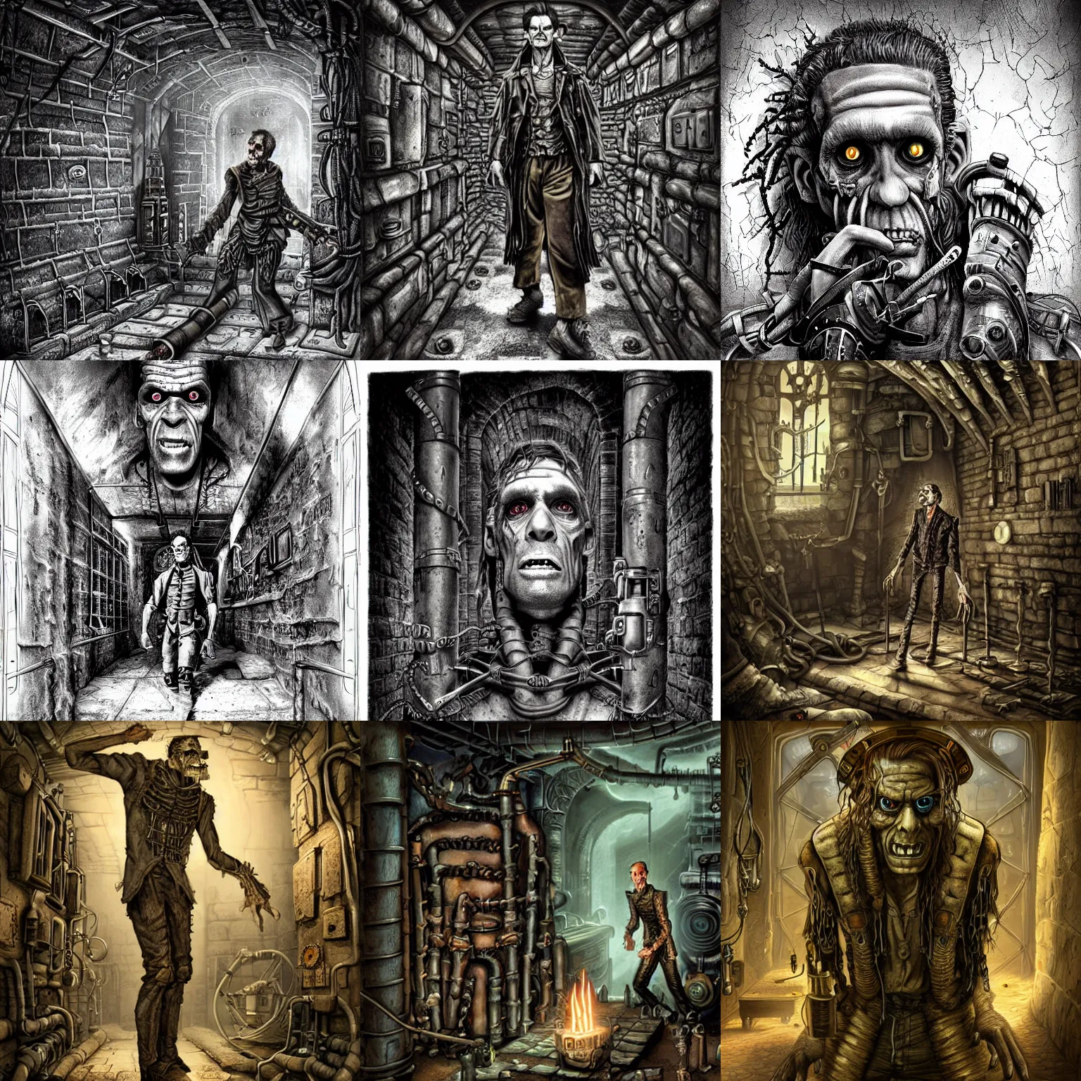 Prompt: Highly detailed illustration Frankenstein in a steampunk dungeon, hyper realistic, sci-fi fantasy art
