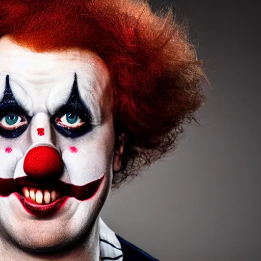 Image similar to Harry Kane dressed as a clown, 8k, extreme detail, studio light, dramatic, sharp focus,