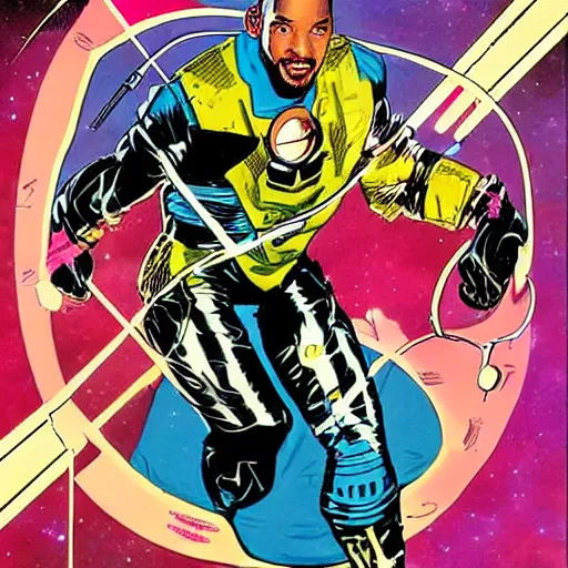 Prompt: 1 9 8 0 s professional comic book title cover portrait of will smith as a space mercenary, heroic, majestic, high quality comic in the style of marvel 1 9 8 0 s