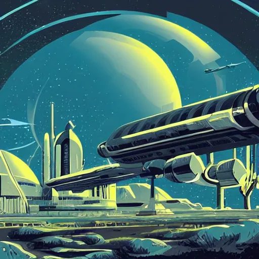 Prompt: retro sci-fi landscape, spaceport