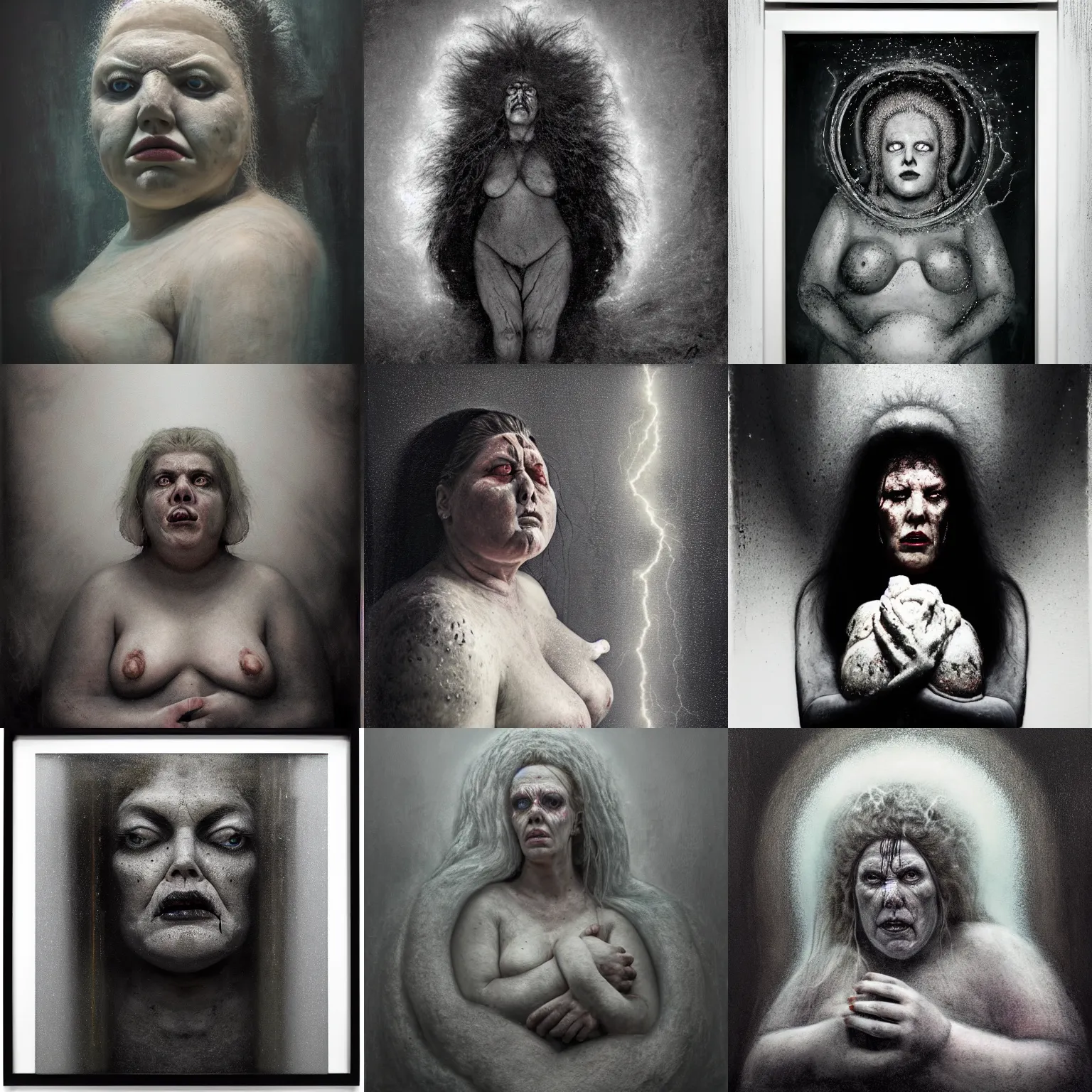 Prompt: portrait of big sumoringer as despair from sandman, in a white void with empty frames all around her, venus of willendorf, by jeremy mann, by gregory crewdson, sad face, black hair, white room, soft lightning, high detailed, 8 k