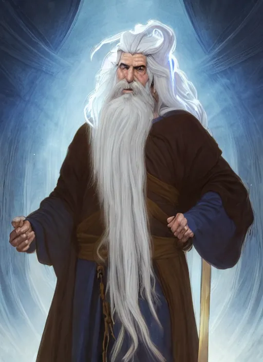 Image similar to medium - length portrait of a male wizard wreathed in arcane sigils with long white hair and glowing blue eyes, long white beard, dark brown skin, stern expression, wears a long robe, medieval setting, dramatic pose, highly detailed, digital painting, artstation, concept art, sharp focus, illustration, art by greg rutkowski and alphonse mucha