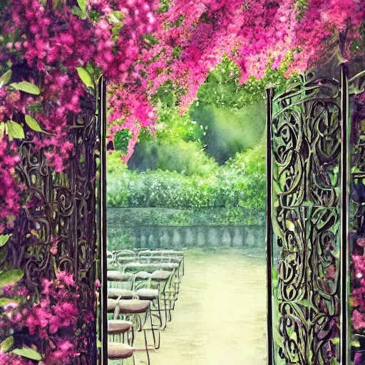 Prompt: delicate, chairs, garden, paved, botanic watercolors, iridescent, 8 k, realistic shaded, fine details, artstation, italian, iron gate, tree, mediterranean, neon flowers