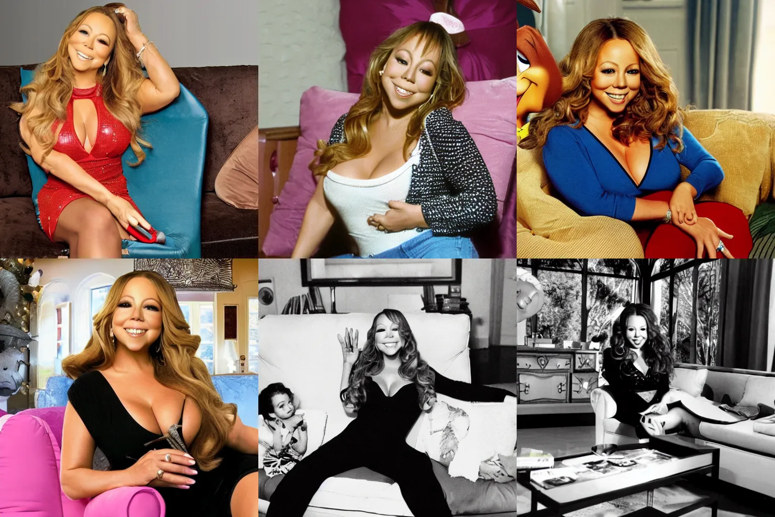 Prompt: Mariah carey watching looney tunes show on her couch