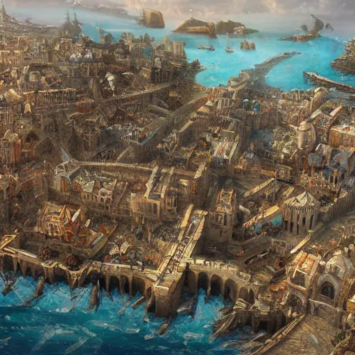 Image similar to coastal medieval city, skyview, concept art, highly detailed, artstation, intricate, art by alexander skold