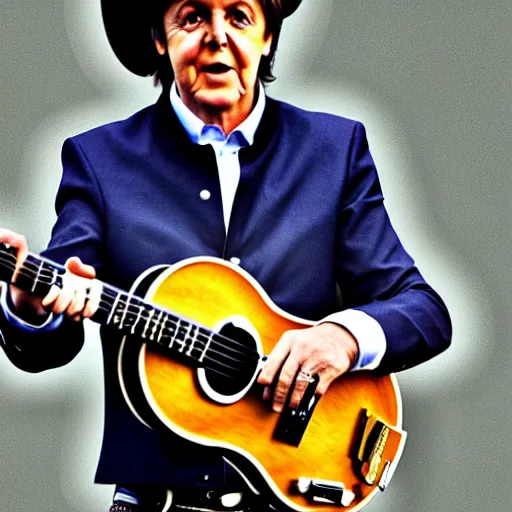 Image similar to Paul McCartney wearing a cowboy hat and playing the banjo, 8k, high definition, highly detailed, photo-realistic