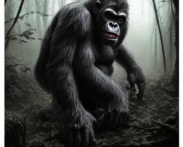 Image similar to 5 5 mm portrait photo of a demonic undead gorilla looking at the camera, in a magical forest, dark atmosphere, art by greg rutkowski and luis royo, highly detailed, 8 k, intricate, lifelike, soft light