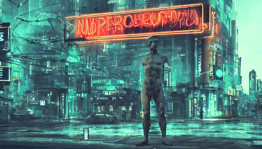 Image similar to a small weathered ancient greek sculpture standing in a square, surrounded by cyberpunk city, neon sign, bladerunner, digital illustration, artstation, cinematic composition