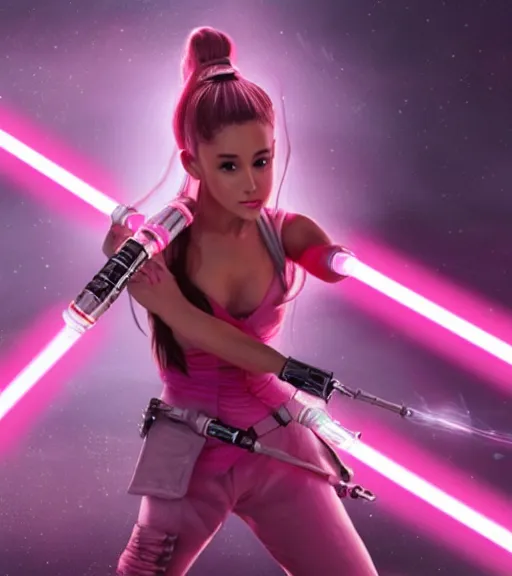 Image similar to A hyper realistic photo of Ariana Grande in the Star Wars universe with two pink lightsabers held in each hand, action pose. Maximum detail on artstation, photo realism, vivd details, vivd colour