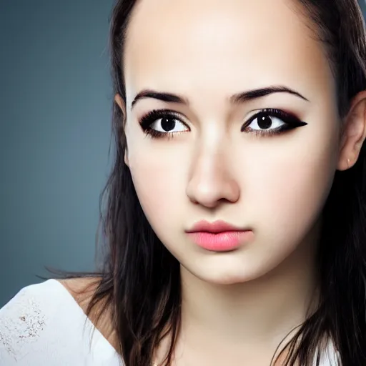 Image similar to photograph of girl with big forehead with square face and small bird beak lips and small round nose and dark black, high detail 8k,