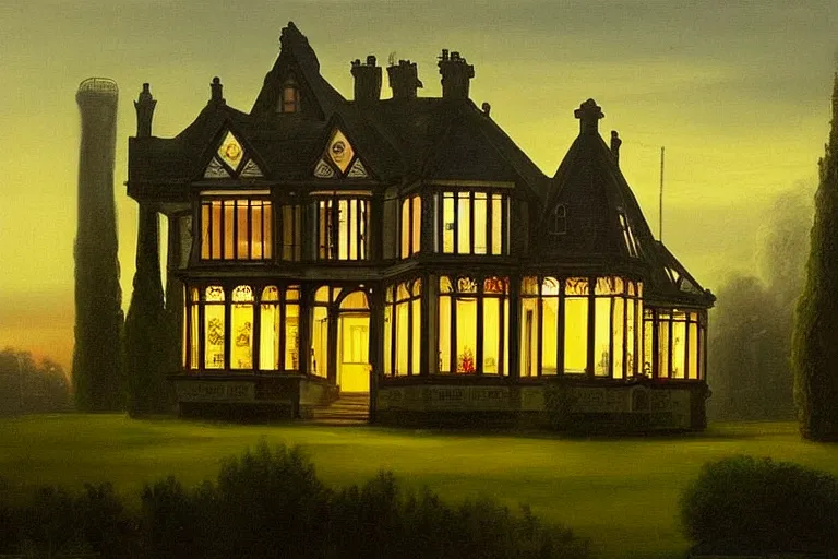 Image similar to a beautiful painting of a victorian house with bay windows, a tower and a greenhouse at night, very detailed by samuel and joseph newsom, harry potter