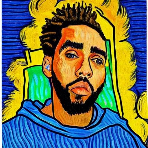 Prompt: portrait of j cole in a sweatshirt, staring directly at camera, in the style of vincent van gogh, colorful, artistic, vibrant, high fashion, art