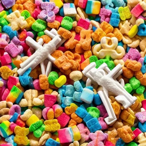 Image similar to lucky charms cereal and colorful marshmallows in the shape of crucifixes, fish, bibles, loaves of bread, and the virgin mary in a bowl