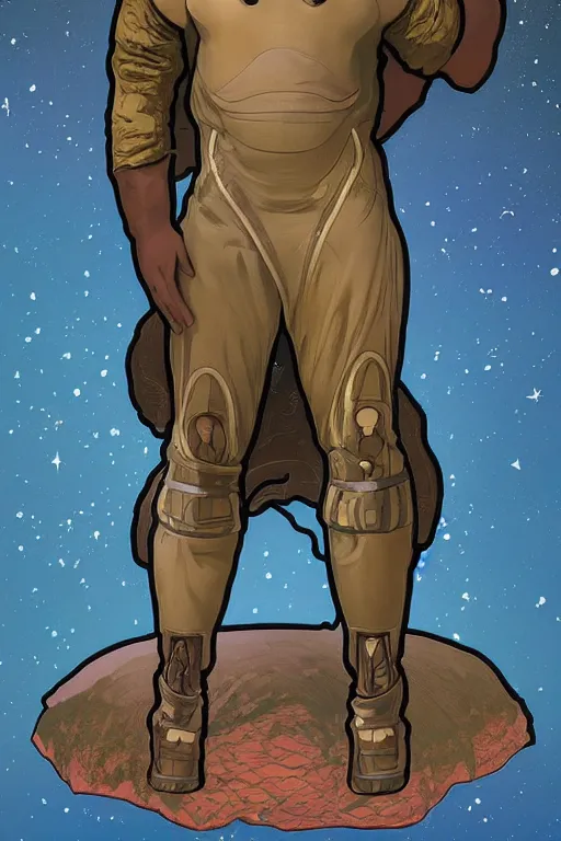 Image similar to upper body portrait of giant african man with a muscular neck wearing a scifi dune spacesuit, nebula in the background, illustration by normal rockwell and alphonse mucha, artstation character concept art