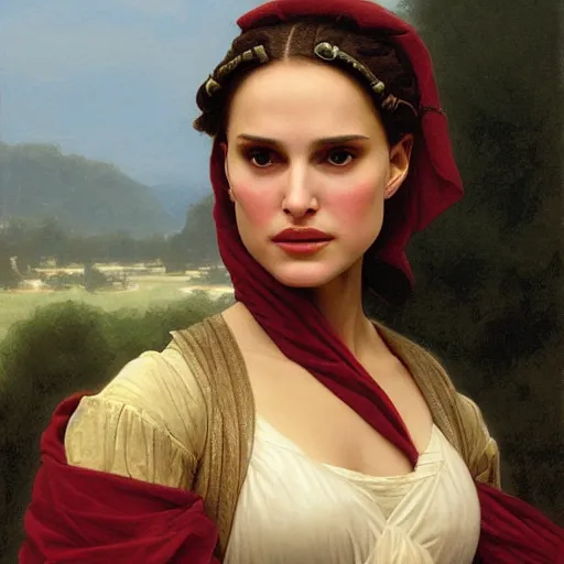 Image similar to Painting of Natalie Portman as Padme Amidala. Art by william adolphe bouguereau. During golden hour. Extremely detailed. Beautiful. 4K. Award winning.