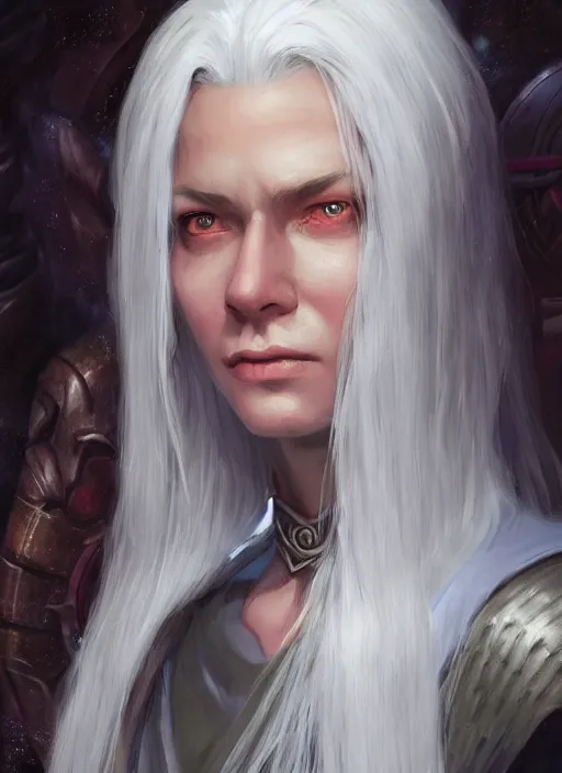 Prompt: human white hair young, ultra detailed fantasy, dndbeyond, bright, colourful, realistic, dnd character portrait, full body, pathfinder, pinterest, art by ralph horsley, dnd, rpg, lotr game design fanart by concept art, behance hd, artstation, deviantart, hdr render in unreal engine 5