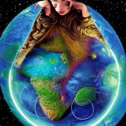 Image similar to planet earth depicted as a sleeping female hyperdimensional alien dreaming all life, people and animals into existance