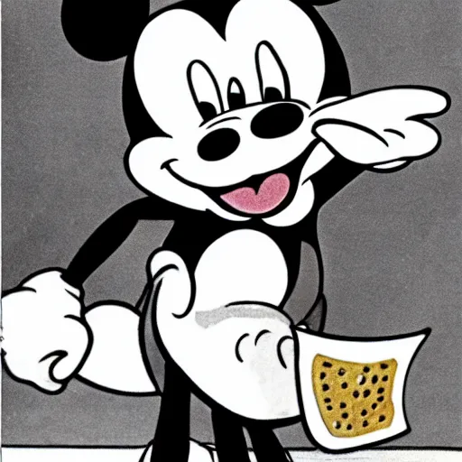 Prompt: film still from 1940s Mickey Mouse Cartoon. Mickey Mouse eating matzah.