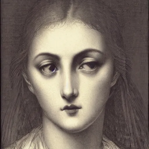 Image similar to extreme close-up, portrait of a young french woman from modern days, Gustave Dore lithography