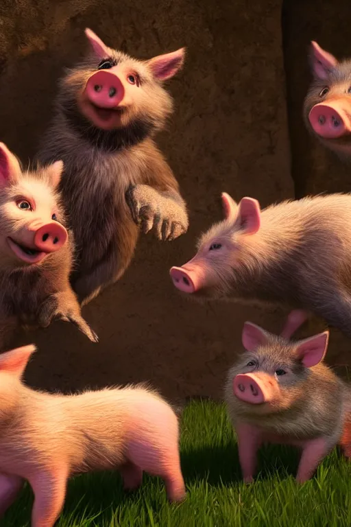 Prompt: three funny little pigs playing with the wolf who is begging for mercy. cinematic lighting, unreal engine, 8 k, hd extremely detailed. 4 k. award winning. ultra realistic photo.