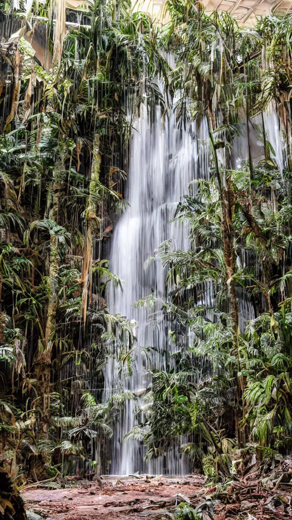 Prompt: 35mm photo of a waterfall in a decaying abandoned mall, with interior potted palm trees, indoor, dappled sunlight, faded colors